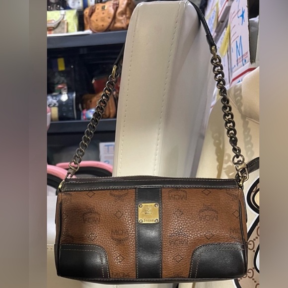 MCM Handbag Brown Black Leather Satchel Visetos Chain Strap Zip Clutch Purse - Picture 7 of 14